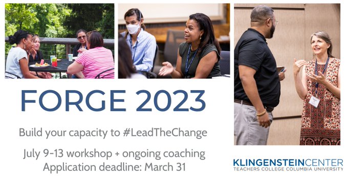 Apply today for FORGE '23! Join an incredible community of #indyschool leaders who are #BuildingCapacity for #ChangeLeadership. Summer workshop 7/9-7/13 + #coaching and peer #mentoring through the school year.  

Learn more: klingensteincenter.org/FORGE