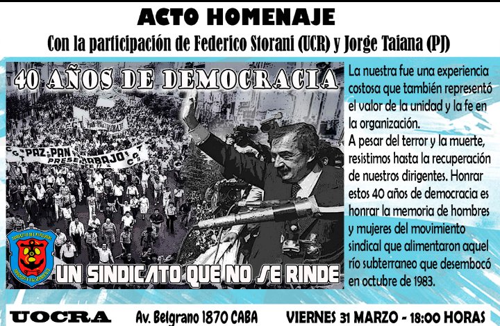 ➡️Este viernes en la <a href="/uocra/">UOCRA</a> el sindicato de @PrensaDragyb,liderado por <a href="/JuanCSchmid/">Juan Carlos Schmid</a> realizará una charla, con la participación de <a href="/JorgeTaiana/">Jorge Taiana</a> y <a href="/federicostorani/">Federico Storani</a>,en el marco de los 40 años de #democracia.