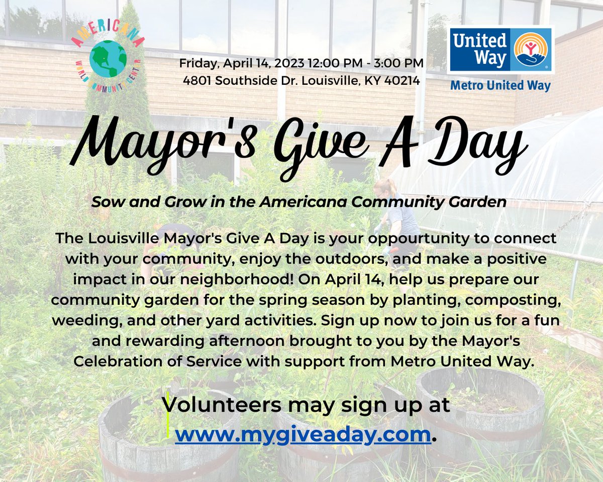 The Louisville Mayor's Give A Day is your oppourtunity to connect with your community, enjoy the outdoors, and make a positive impact in our neighborhood on April 14 12:00 PM - 3:00 PM! Sign up now at mygiveaday.com. 

#MGAD2023
#LiveUnited
