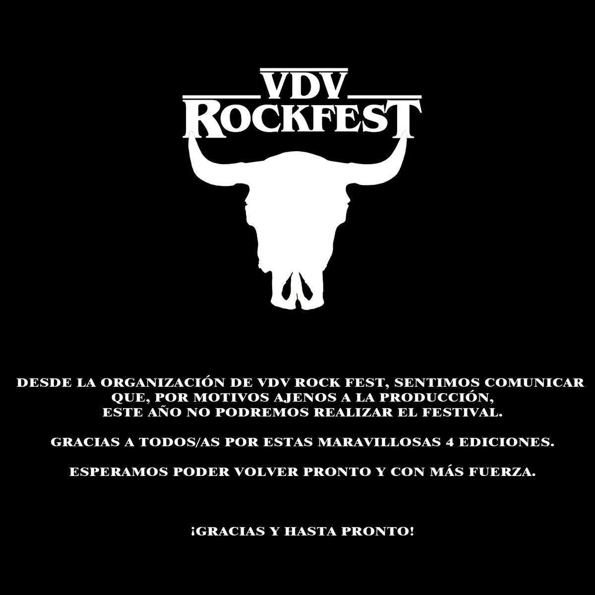 VDVRockFest's tweet image. Desde la organización de @VDVRockFest , sentimos comunicar que, por motivos ajenos a la producción, este año no podremos realizar el festival.

Gracias a todos/as por estas maravillosas cuatro ediciones.

Esperamos poder volver pronto y con más fuerza.

¡Gracias y hasta pronto!🤙🏼