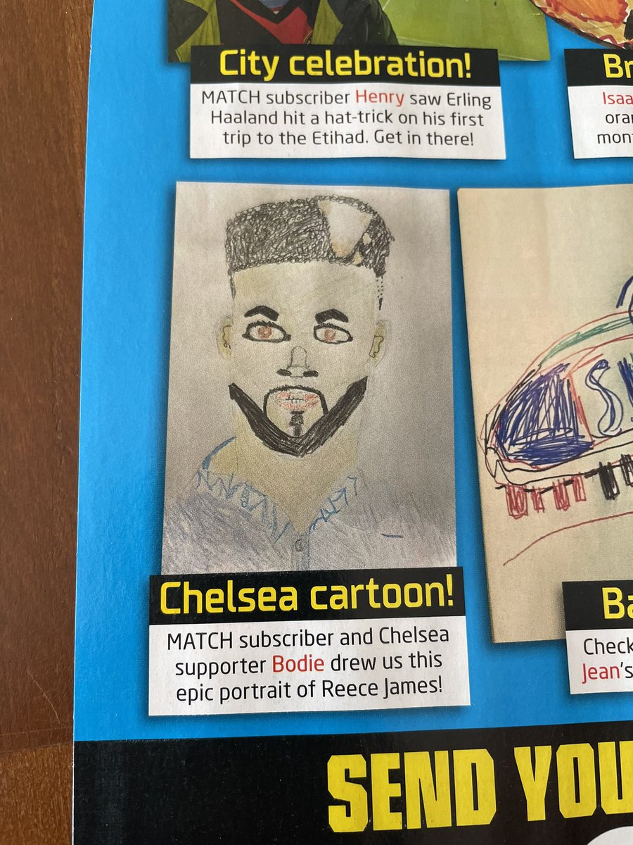 benbfaulkner's tweet photo. @ReeceJames my son #BodieIsaiah was very excited to find his artwork had been published in the recent @matchmagazine and wanted to share it with you #WeAreChelsea #KTBFFH @ChelseaFC https://t.co/2vk5Efdnh8