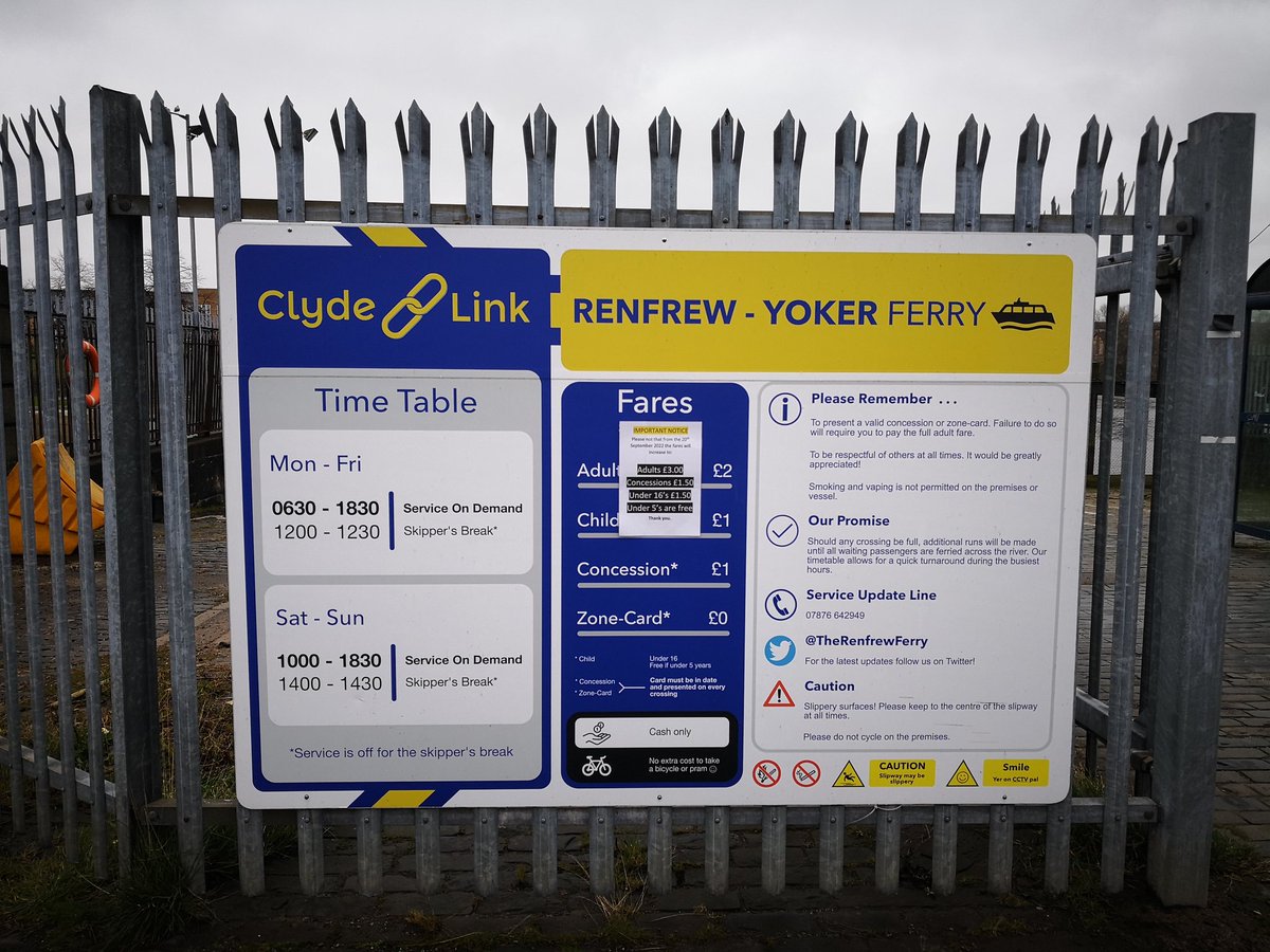 CosmaGottardi's tweet photo. @therenfrewferry Turned up today with not enough cash to pay for a return fare (but managed to get cash out in Renfrew). In case anyone else online is looking for the prices, the cost is £3 for adults or £1.50 for concessions. https://t.co/QJO2IvnSLy