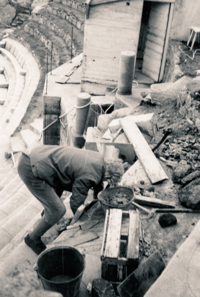 Rowena Cade (1893–1983) artist, builder, creator of the open air Minack Theatre, Porthcurno, on the Cornish cliffs, UK, with the help of her gardener Billy and only hand tools. She continued to build into her last years #WomensArt