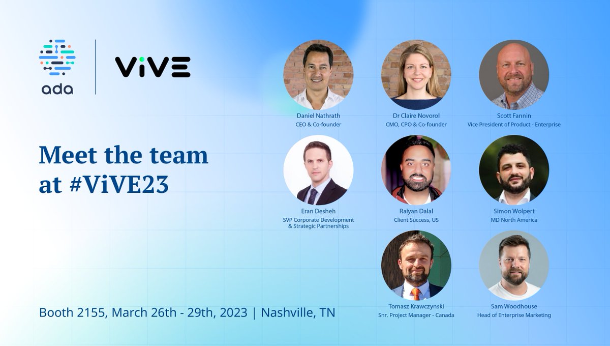 We’re thrilled to be at #ViVE2023 ✨ Swing by booth 2155 to meet the Ada team and learn more about how our digital front door is built to help patients thrive and reduce costs.