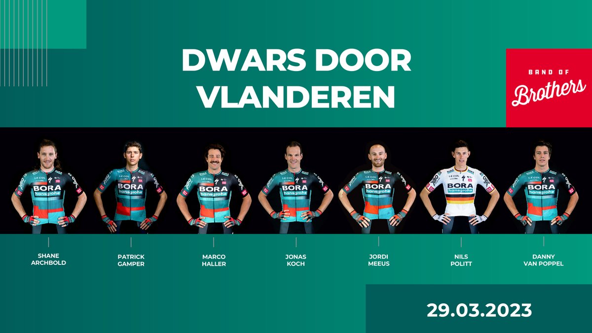 🇧🇪 Our line-up for Dwars Door Vlaanderen: 👉 @Theflyingmullet  👉 @patrick_gamper  👉 @mhaller91  👉 @jonaskoch3  👉 @jordimeeus  👉 Nils Politt 👉 Danny van Poppel Ready to roll at #DDV23 👊