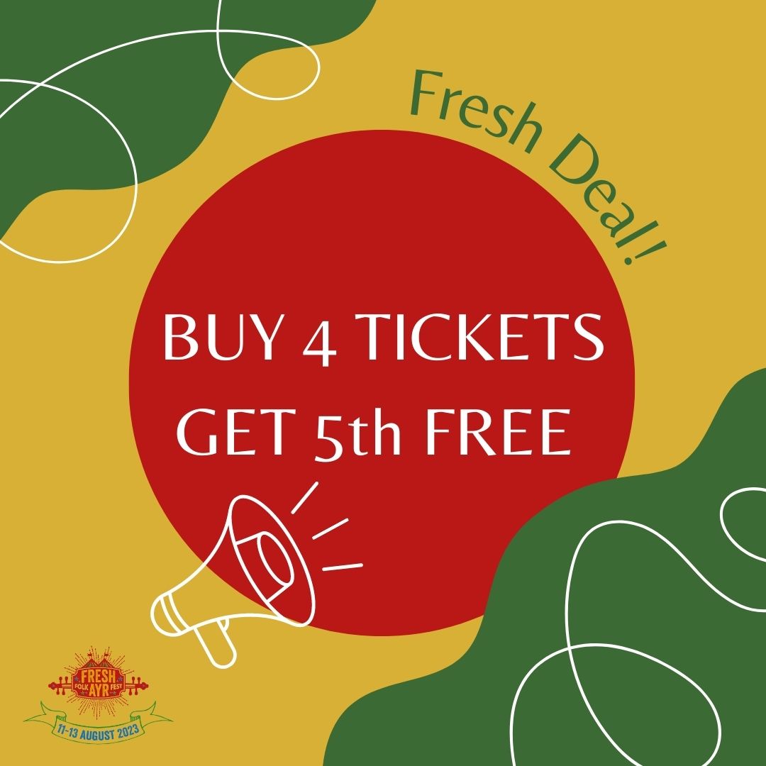 How about this for a deal! If you buy 4 full-price tickets for you and your friends, you'll get a 5th ticket absolutely free! 🎟️

Find out more about becoming a Fresh Ayr Ambassador 🙌 👉 freshayrfolkfest.com/ambassadors/