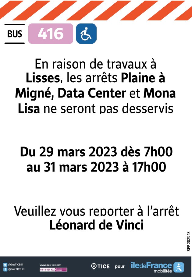 EvryEss_IDFM's tweet photo. #InfoTrafic Des travaux perturberont le ligne #bus416 à partir de demain dès 7h jusqu'au 31 mars à 17h. Bonne journée. https://t.co/yn88ftjfL9