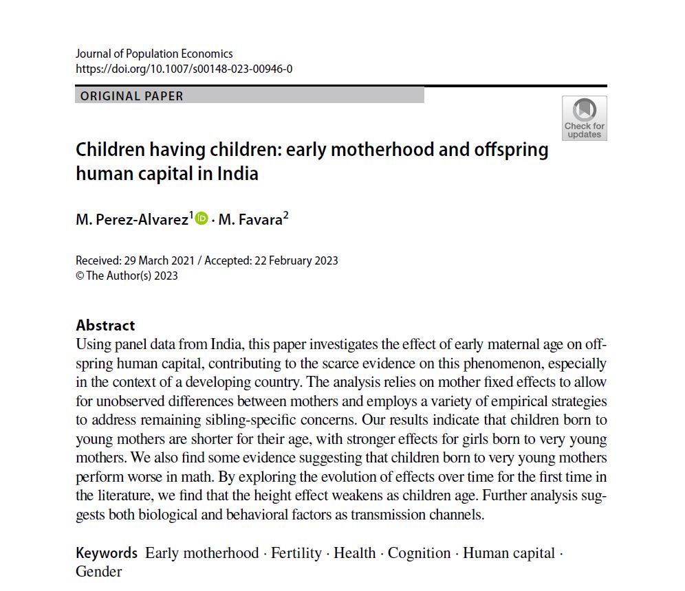 MarcelloPerezAl's tweet photo. Does early motherhood affect offspring development? The econlit is scarce and inconclusive, particularly when it comes to developing countries, which host 95% of global teen births. In this @JPopEcon piece https://t.co/qrAFC7CiKB co-authored with the amazing @MartaFavara (1/2) https://t.co/gUTMTrEopy