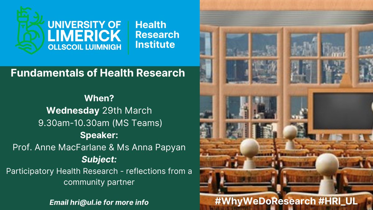 #WebinarWednesdays returns tomorrow as we continue with our Fundamental of Health Research Series.

This month we are delighted to welcome @macfarlane_anne and Ms Anna Papyan.

Email hri@ul.ie for more info on how to join.

#MigrantHealth #ParticipatoryHealthResearch @UL_Research