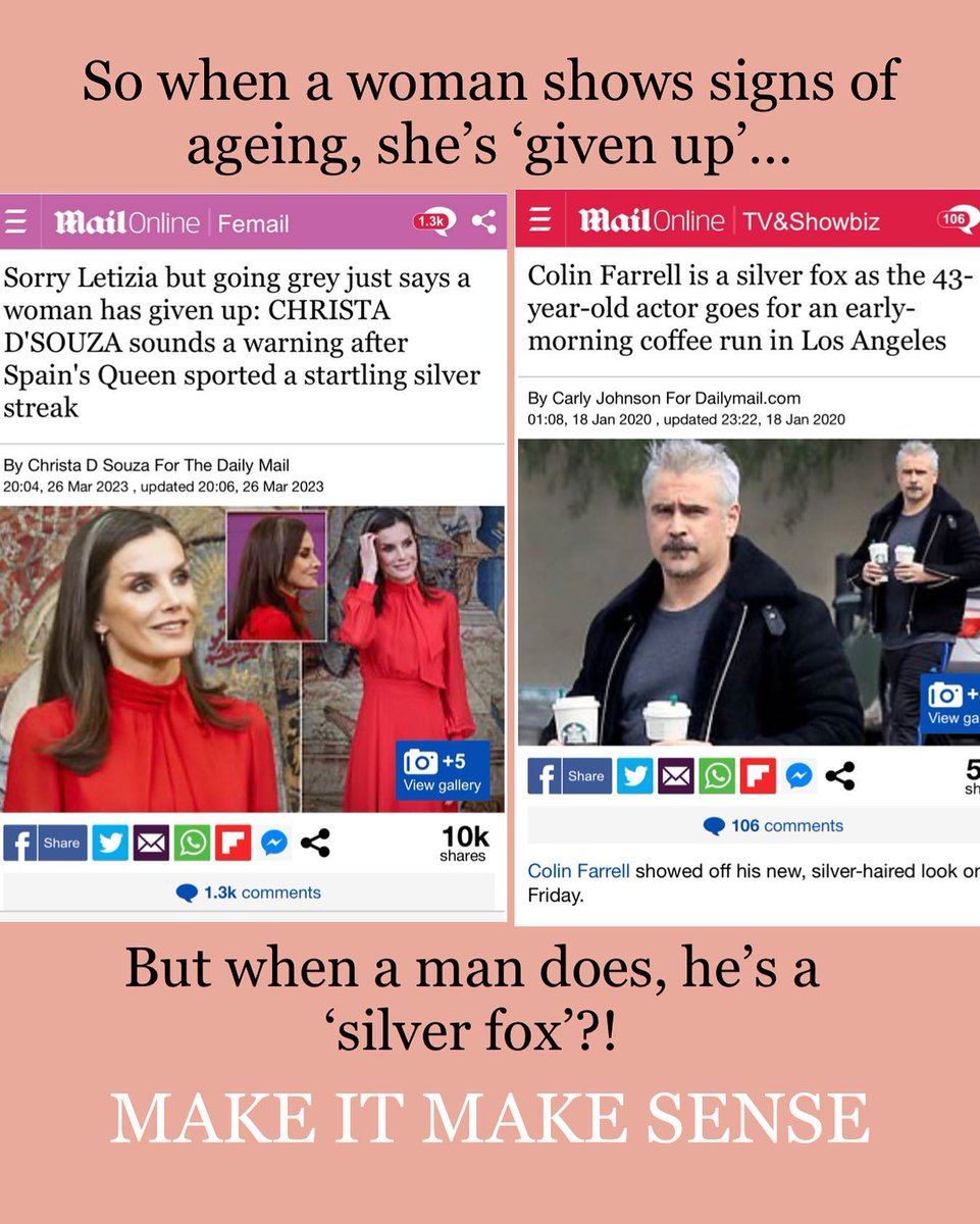 "Make it make sense?!! So when a woman shows signs of ageing, she’s ‘given up’, but when a man does, he’s a ‘silver fox’?! One criticised, one praised. Leave women alone." <a href="/alexlight_ldn/">Alex Light</a> 👇