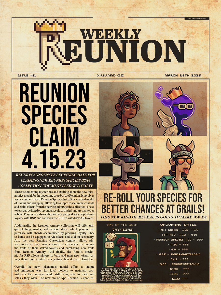 ApeReunion's tweet photo. 🗞️ Extra Extra, Read all about it! 11th Edition of #ReunionWeekly is out  📰 Reunion Species is coming. They will know  #ApeReunion 👑 #ReunionSpecies #RSP https://t.co/2huRL2MGjQ