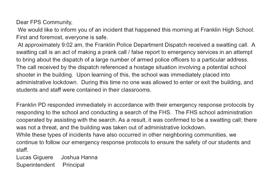 Update on the swatting incident at FHS Tuesday morning (3/28/23)