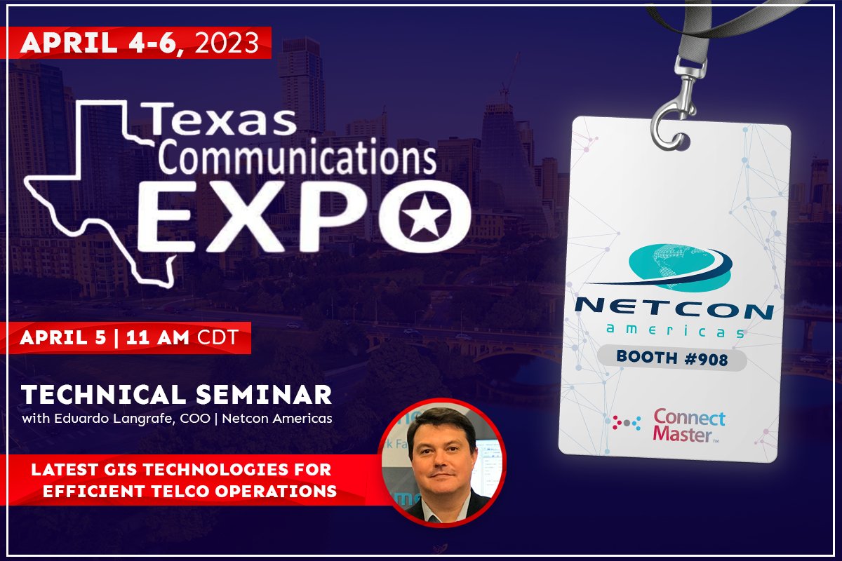 NetconAmericas's tweet photo. The TCEI Expo is coming next week!
 
From April 4th to 6th, we'll be at BOOTH #908 to show how @NetconAmericas and ConnectMaster can assist your company to design, manage and operate telecom networks. 

We'll be waiting for you! 😉

#TCEIExpo #connectmaster #vertigis #telecom https://t.co/aKBLXqQEip
