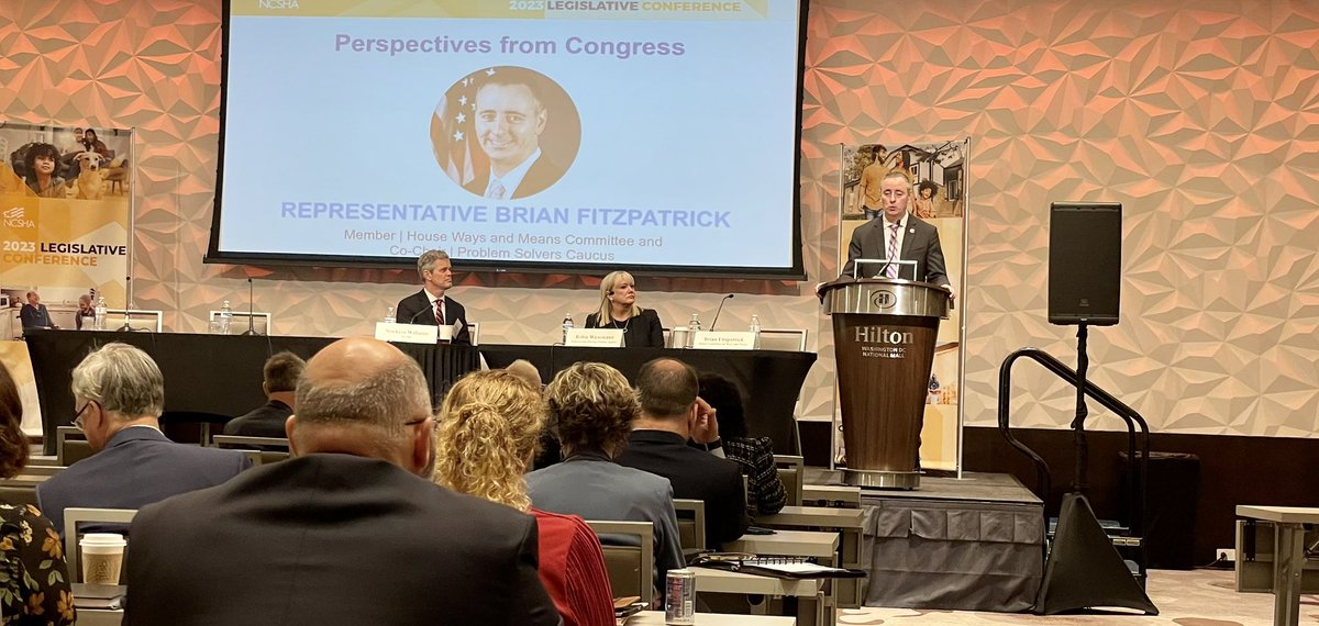 Problem Solvers Caucus co-chair <a href="/RepBrianFitz/">Rep. Brian Fitzpatrick 🇺🇸</a>, #AHCIA #NHIA &amp; #MakeNMTCPermanent supporter, discusses #bipartisan success in 117th like the IRA. Working on two party solution for #debtceiling now. <a href="/NCSHAhome/">NCSHA</a> #LegCon