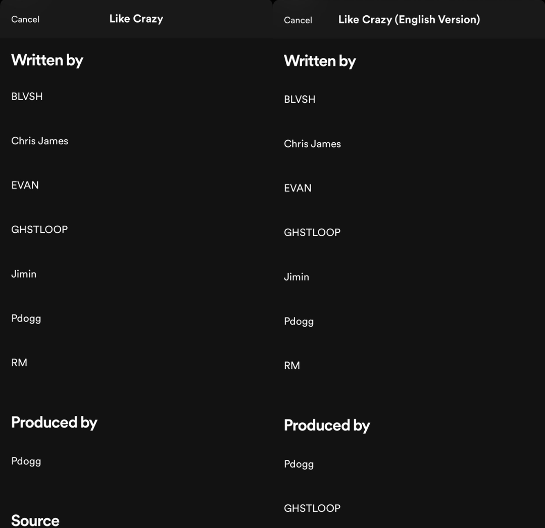 LittleJMMyanmar's tweet photo. Hi @bts_bighit @BIGHIT_MUSIC @HYBEOFFICIALtwt @GeffenRecords @Ingrooves, please contact @Spotify @SpotifyCares @spotifycharts to re-merge Jimin's “Like Crazy” versions &amp; correct Ghstloop's missing producer credits on the Korean version of "Like Crazy" https://t.co/tn4nrczxAL