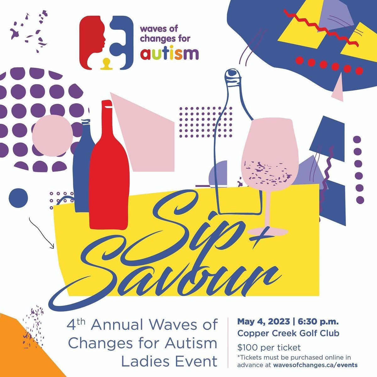 4th Annual Sip & Savour Ladies Night on May 4th! 

Purchase tickets online in at wavesofchanges.ca/events

#Autism #AutismAwareness #WavesOfChanges #WavesOfChangesForAutism #Wine #SipAndSavour #CopperCreekGolfClub #CopperCreek