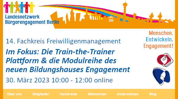 #OTD 30. März online | Das Projekt BILDUNGSHAUS ENGAGEMENT &amp; mehr ON TOP beim Fachkreis #Freiwilligenmanagement des #Landesnetzwerk´s #Bürgerengagement ...

#MenschenEntwickelnEngagement #Netzwerke´n &amp; #Wissen #BildungshausEngagement
Noch anmelden ➔ aktiv-in-berlin.info/einladung-14-f…