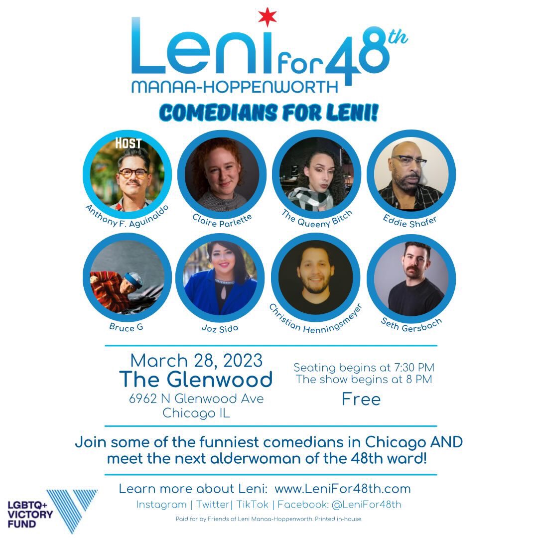 7:30pm. See you at The Glenwood tonight for a free comedy showcase showing support for <a href="/lenifor48th/">Leni for 48th — Political Account</a>!!!