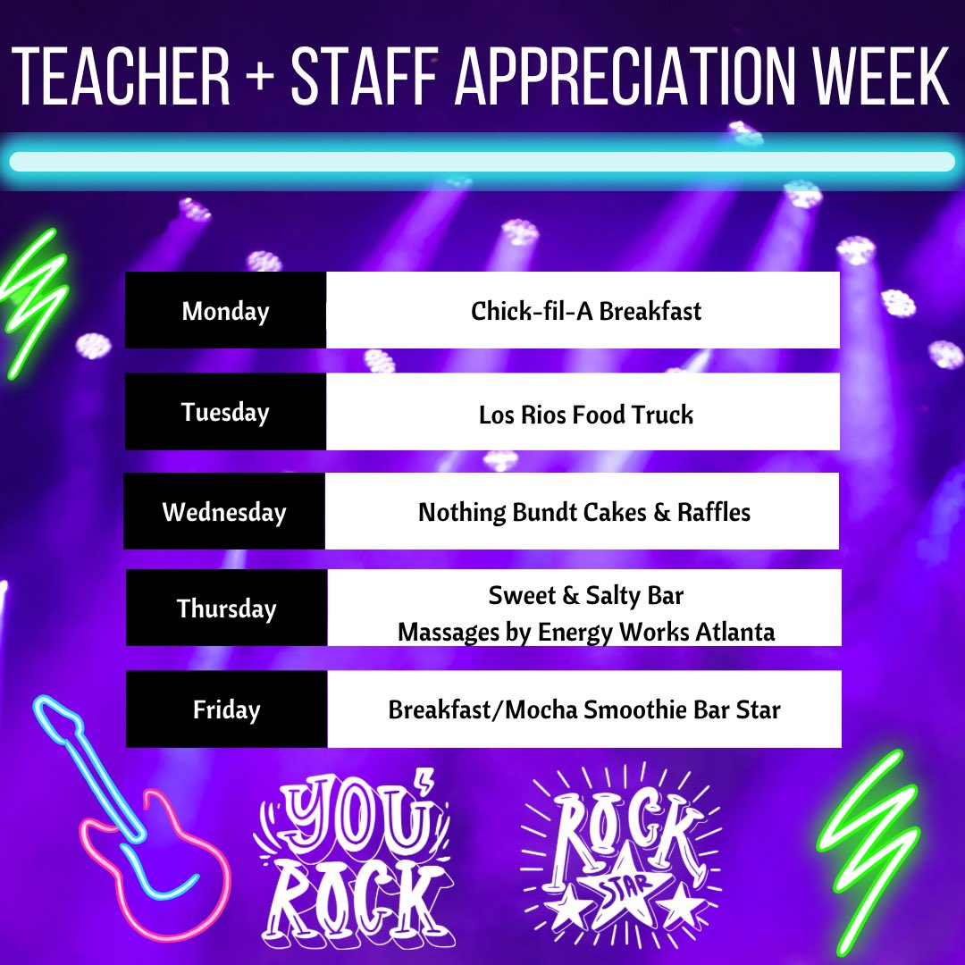 Our Rockstar Teachers + Staff are having a rocking week because of your support to the PTA! Thank you for contributing to our PTA, so that our well deserved teachers and staff can enjoy a week like this! 🤘🏻🎸🐯 #WEareMOE