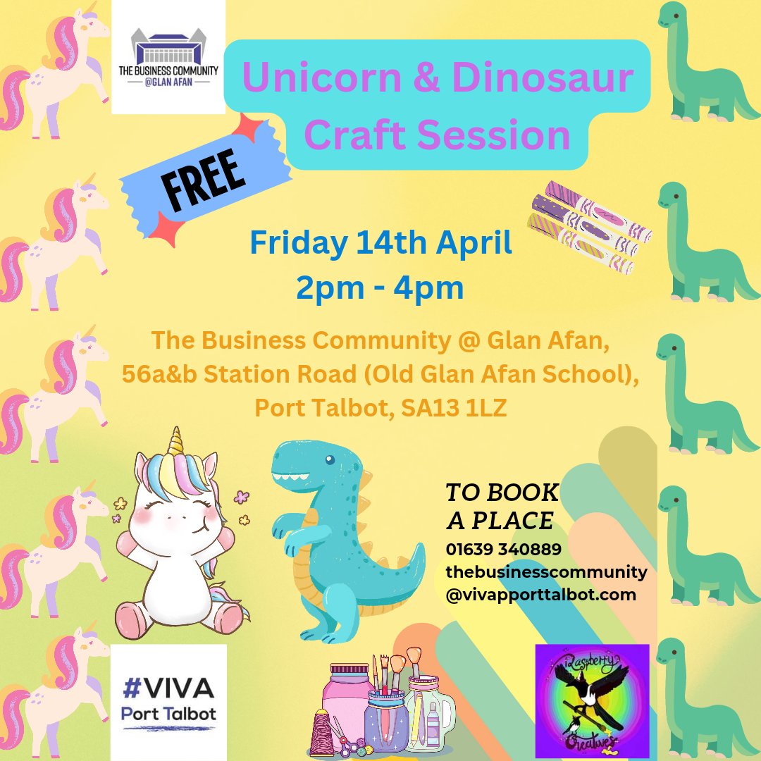 Unicorn 🦄 &amp; Dinosaur 🦕 Craft Session with <a href="/Raspberrybazaa1/">RaspberryCreatives</a> Fri 14th March at 2pm! Call 01639 340889 or email thebusinesscommunity@vivaporttalbot.com to book a place at this FREE event. All ages welcome.