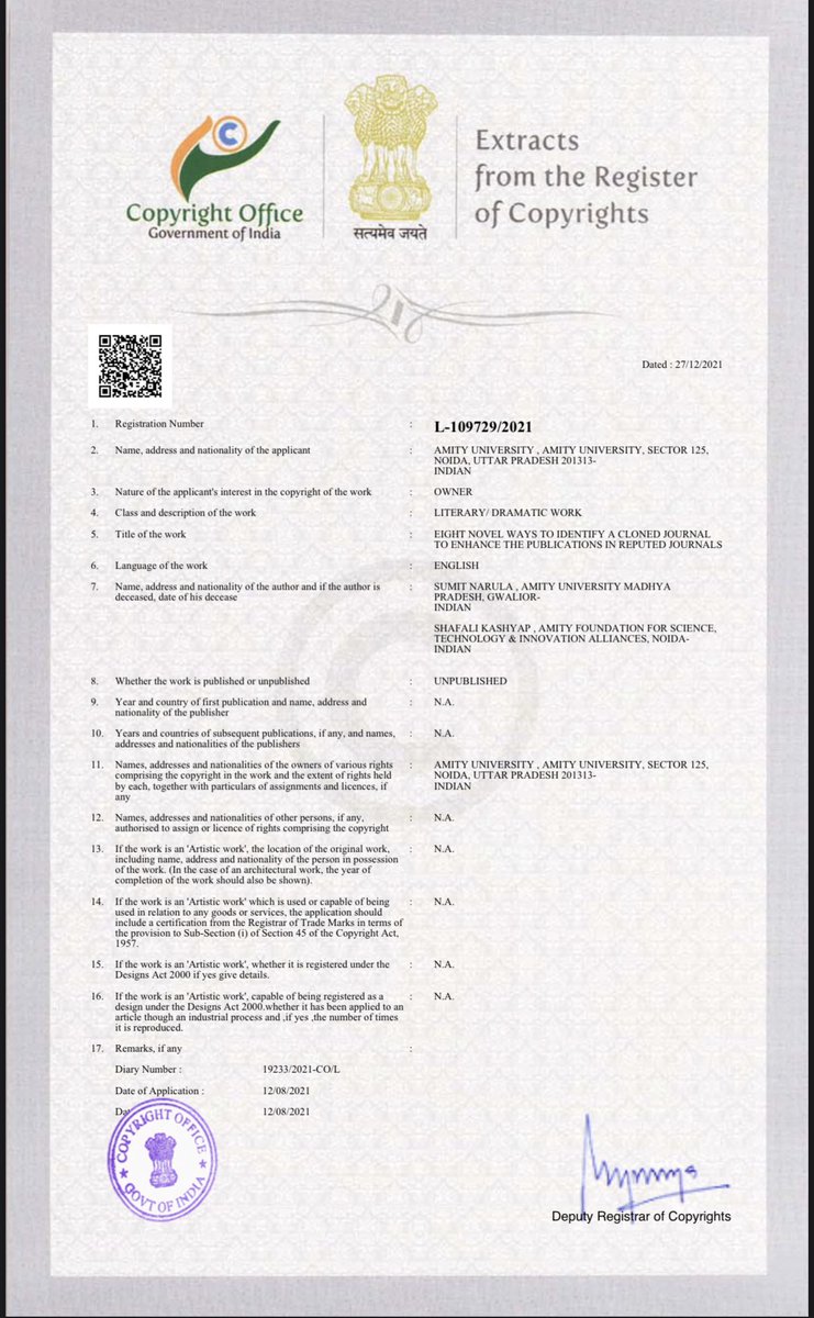 Received this Copyright on EIGHT NOVEL WAYS TO IDENTIFY A CLONED JOURNAL TO ENHANCE THE PUBLICATIONS IN REPUTED JOURNALS <a href="/AmityGwalior/">Amity University Gwalior</a> <a href="/AmityUni/">Amity University</a> <a href="/ugc_india/">UGC INDIA</a> <a href="/NAAC_India/">NAAC</a> <a href="/AICTE_INDIA/">AICTE</a> <a href="/EduMinOfIndia/">Ministry of Education</a> <a href="/EmeraldGlobal/">Emerald Publishing</a>
