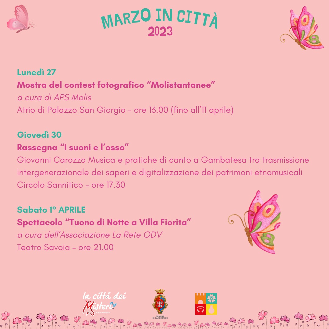 campobassocitta's tweet photo. 𝗖𝗼𝘀𝗮 𝗰’𝗲̀ 𝗱𝗶 𝗯𝗲𝗹𝗹𝗼 𝗶𝗻 𝗰𝗶𝘁𝘁𝗮̀?
Gli appuntamenti della settimana a Campobasso 🌸⬇️

#marzoincittà #primavera
#visitcampobasso #campobasso #molise #infopoint #infopointTuristico #turismo #cultura #LaCittaDeiMisteri #eventi #eventiInCittà #cittàchelegge https://t.co/s3C7wL1X3A