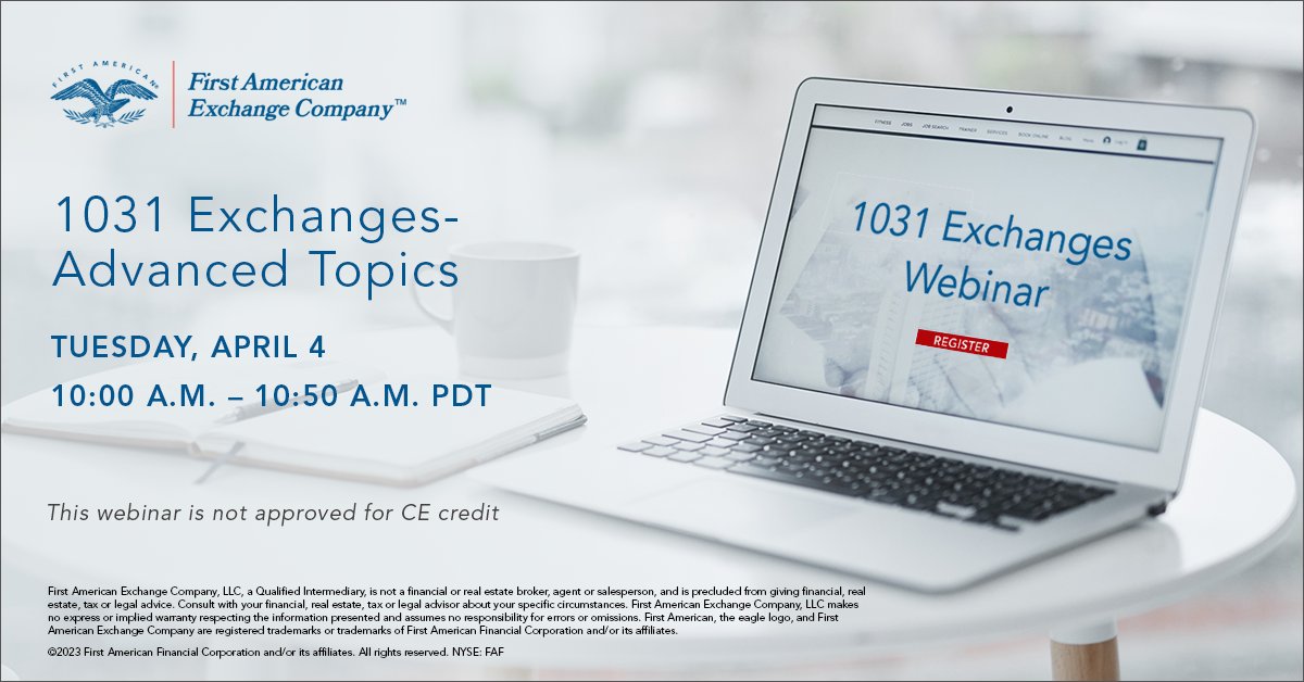 JasonJonesCRE's tweet image. Register for our #1031Exchanges webinar for an overview of advanced rules and more on Tue, Apr 4, 2023, 10:00 AM - 10:50 AM PDT. Save the date. #freewebinar #listenandlearn #cre  bit.ly/3TOeXWk
