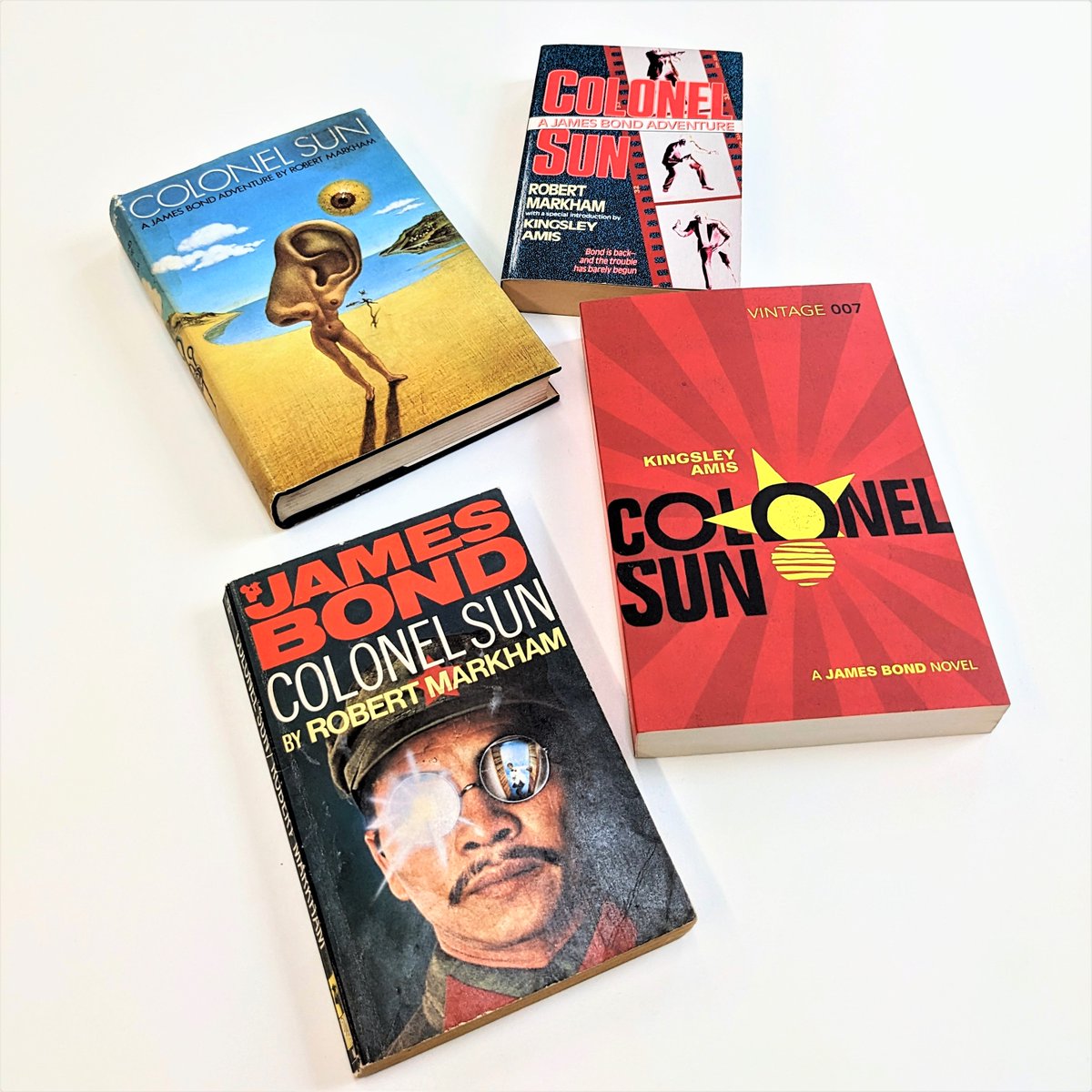 TheIanFleming's tweet photo. Today is the 55th anniversary of the publication of Kingsley Amis’ Colonel Sun!
Originally written under the pen name Robert Markham, Colonel Sun was the very first continuation Bond novel, and has had some great covers over the years. Which is your favourite?
#ColonelSun https://t.co/7NR0ycND0i