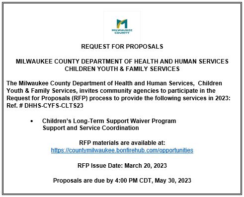 CountyDhhs's tweet photo. @MkeCoDHHS  
We are seeking community partners to provide support and and service coordination for our Children's Long-Term Support Waiver Program. We welcome all applicants! For more information on the opportunity: https://t.co/Fmsu33TxNe https://t.co/53fz7CMWlB