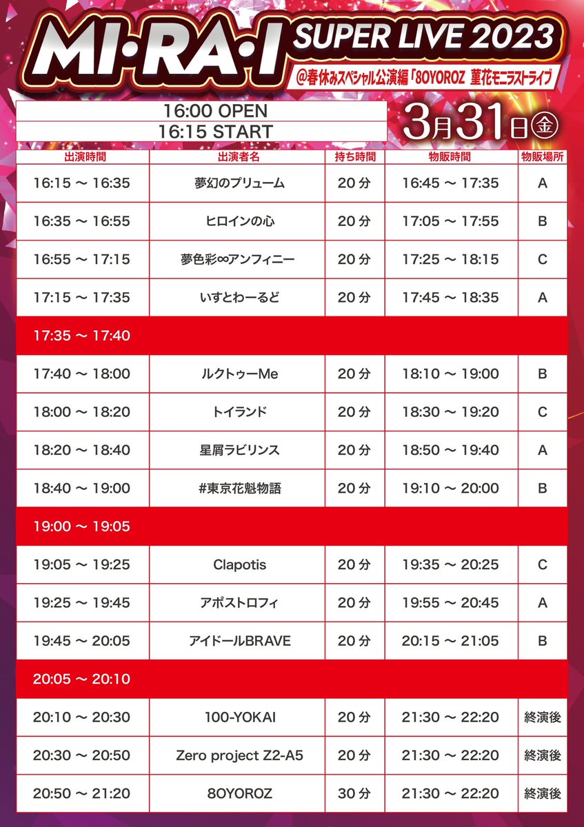 DC8A_info's tweet photo. #夢アンライブ情報🌈
 公演名：「MI・RA・I SUPER LIVE 2023」＠春休みスペシャル公演編「8OYOROZ 菫花モニラストライブ」 公演日：3/31(金) 時　間： 開場16：00　開演16：15予定※変更される場合ございます 会　場：五反田G7 料　金：一般2,500円/前方最優先3,500円（販売数限定）（各D別）
 ⏰16:55-17:15
👥17:25-18:15C
🉐写メ
🎫https://t.co/jte9L3Cx9a