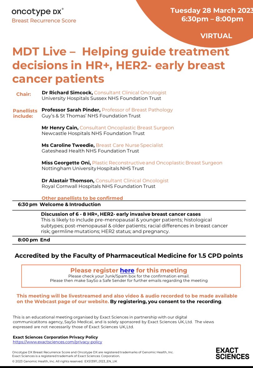 CarolineTweedi's tweet photo. Looking forward to being part of tonight’s panel discussing HR+, HER2- Early Breast Cancer patients. 
#breastcancernow #exactscience #GHFT https://t.co/kYCRlTN2Wc
