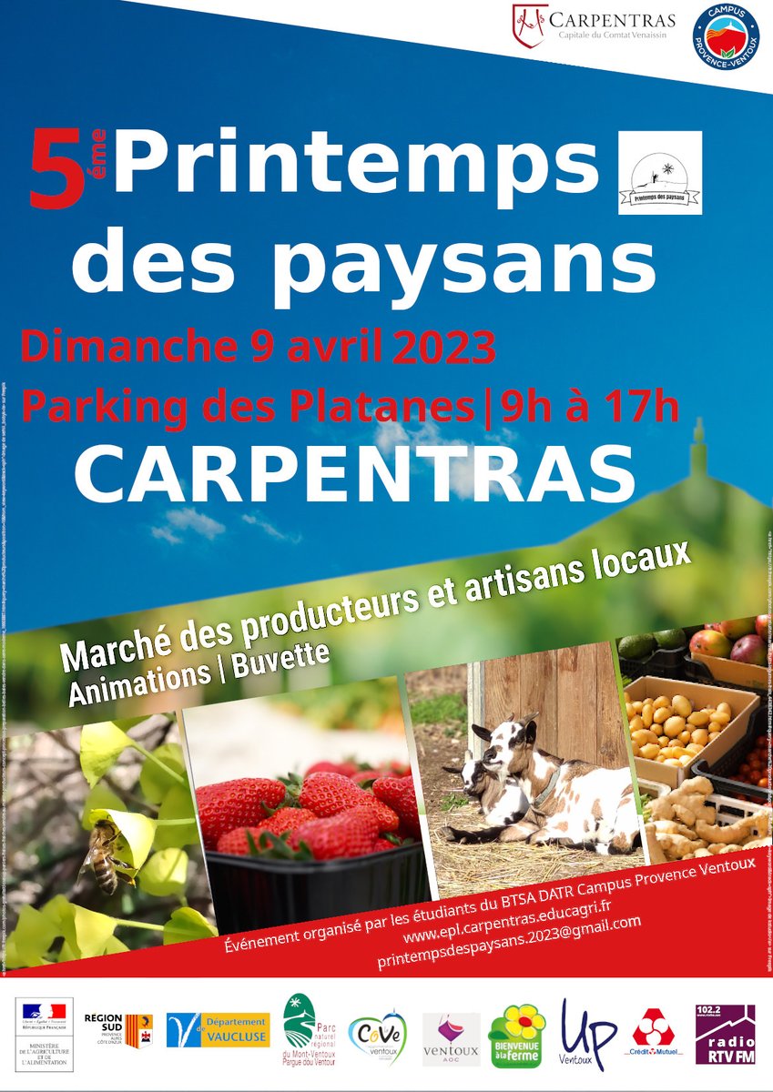 Carpentras84200's tweet photo. 🐐Les étudiants du @campus_ventoux  vous invite à venir profiter de leur #PRINTEMPS DES PAYSANS le 9 AVRIL 2023 sur le parking des Platanes de 9H à 17H.
Vous y trouverez un marché de #producteurs 🍓, des #artisans locaux, de l'animation et une buvette. https://t.co/8hypRLse9Z