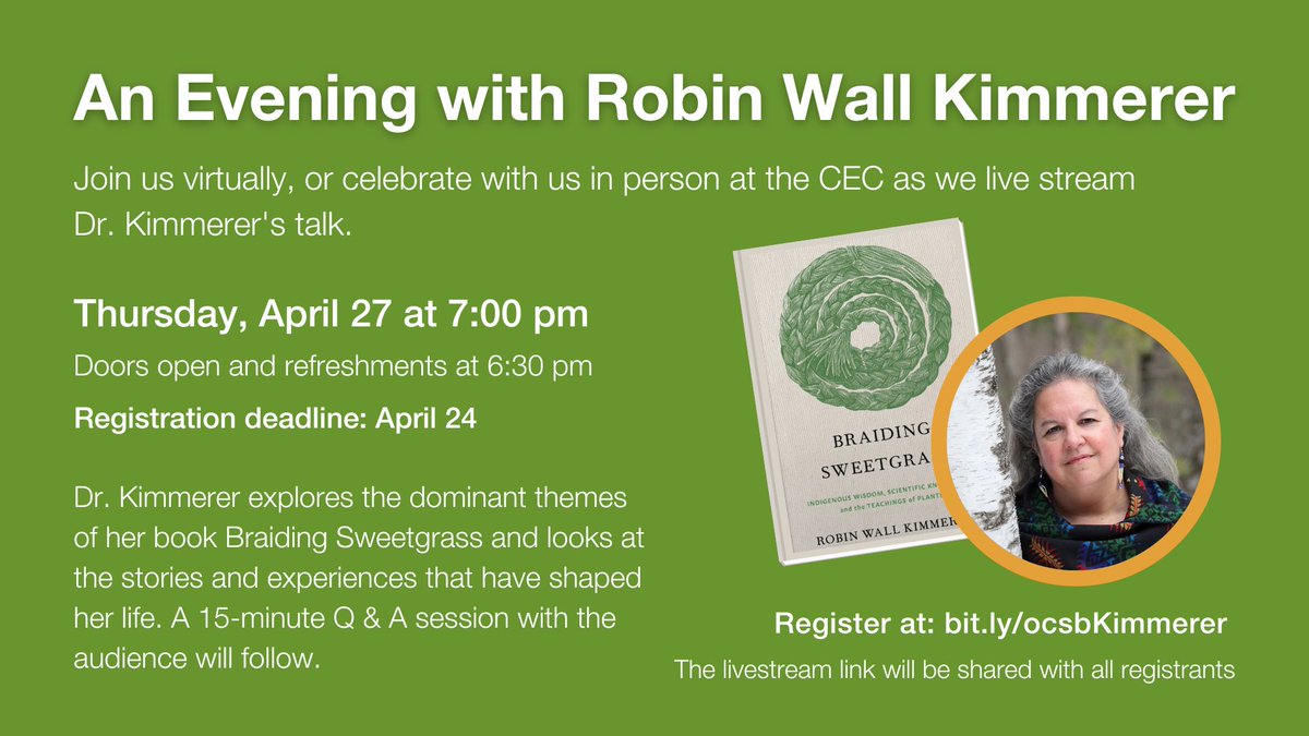 Alanna Trines (@mstrines) on Twitter photo Join us in the CEC boardroom to view the livestream together - refreshments included!
bit.ly/ocsbKimmerer Join us in the CEC boardroom to view the livestream together - refreshments included!
bit.ly/ocsbKimmerer