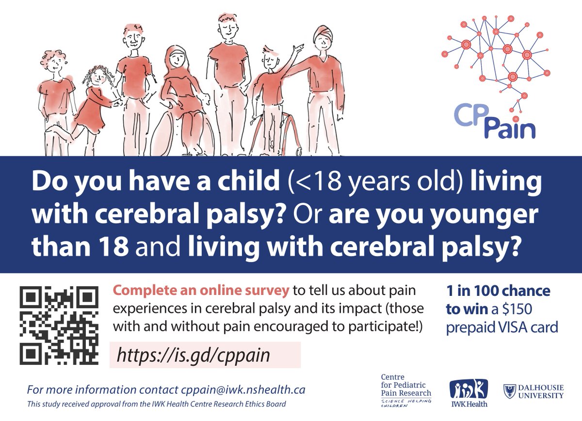 Calling all children and families living with #CerebralPalsy. The CPPain study team is recruiting folks to participate in a survey aimed at better understanding the CP experience. Want to learn more? Email cppain@iwk.nshealth.ca. Access the consent form: research-survey.nshealth.ca/surveys/index.…