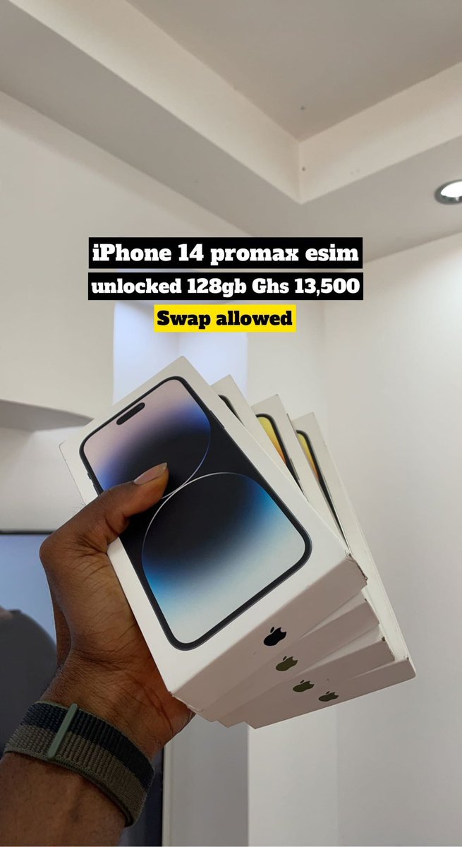 shopapplegh's tweet photo. Good morning 🌞 
We have iPhone 13 ProMax and iPhone 14 ProMax (E-sim) available. Text us if interested. 
NB: swap is an option now. Let’s change our old devices shall we? 😉 https://t.co/nEpGYlVPWK