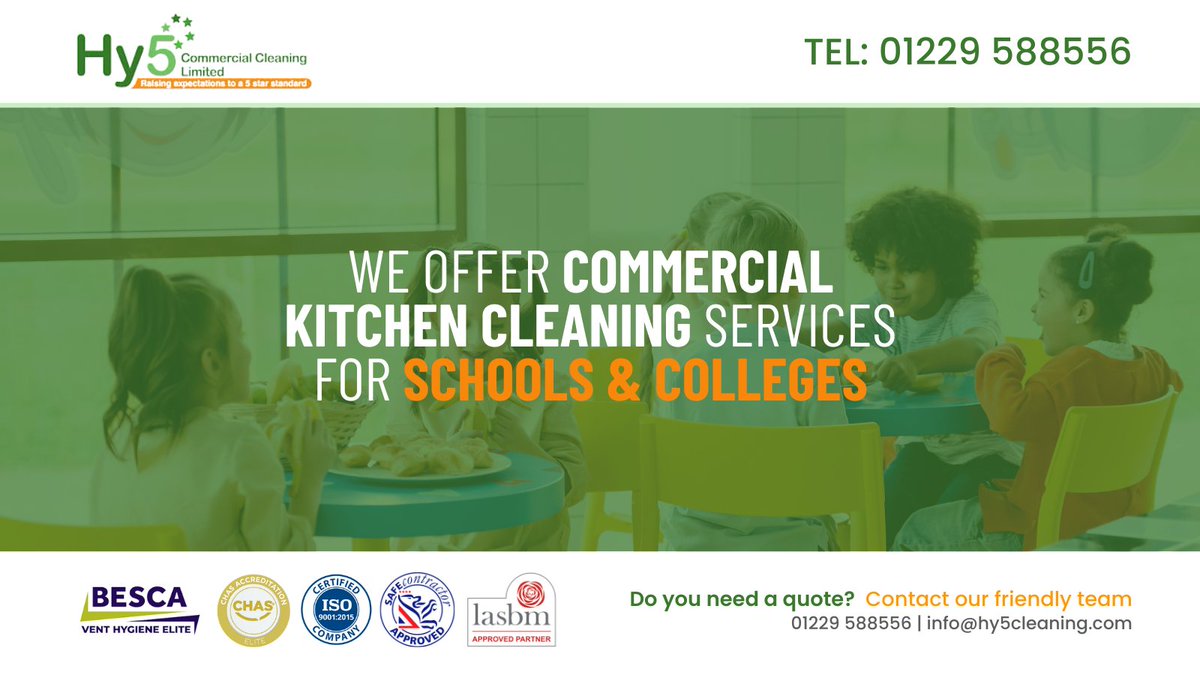 hy5cleaning's tweet image. Keeping your commercial kitchen TR19 compliant is a must for any school cafeteria. 

#kitchencleaning #schoolkitchen #collegedining #professionalcleaning 
#contractorsafe #professionalcleaning #Cumbria #smallbusiness #smallbusinesscumbria #smallbusinessuk #smallbiz #schools