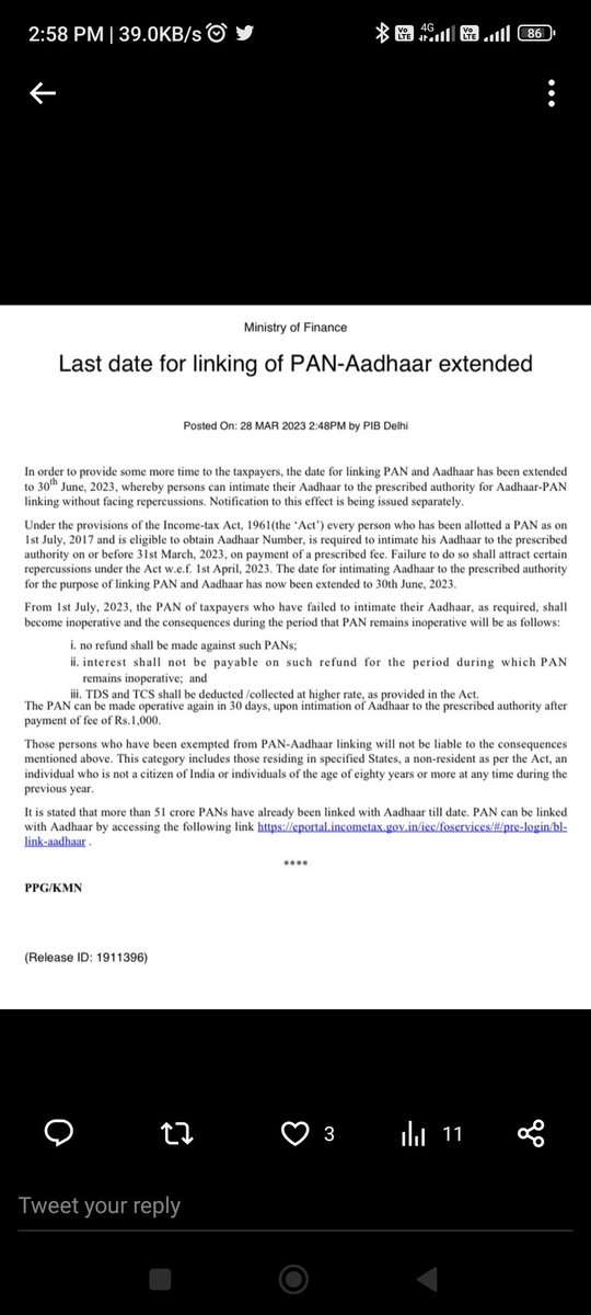 ipo_market_info's tweet photo. PAN AADHAAR LINKING DUE DATE EXTENDED TILL 30TH JUNE 2023
#incometax #incometaxindia #PANcard #aadharpanlink #AadhaarCard #linkpan #linkaadhaarpan https://t.co/ydO1WuXjMM