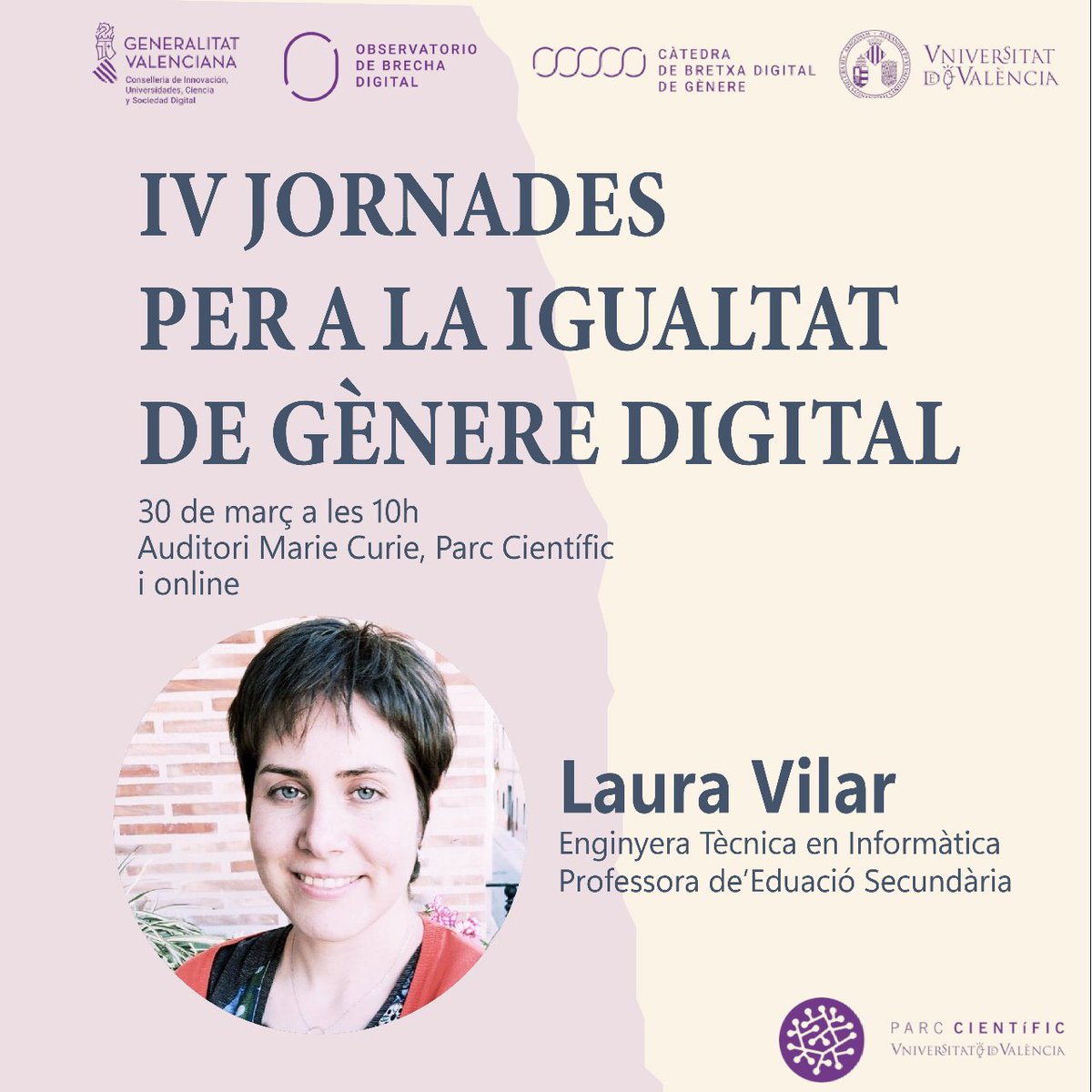 En la nostra taula rodona "Educació com a factor clau en la lluita contra la BDG" participa <a href="/laura_vibo/">Laura Vilar</a>, professora i graduada en Enginyeria tècnica informàtica
📌 30/3, <a href="/parccientificuv/">PCUV</a> 
✏️ esdeveniments.uv.es/95687/detail/i…
<a href="/UV_EG/">Universitat València</a> @GVAInnova <a href="/IgualtatUV/">Unitat d'Igualtat UV</a> <a href="/UVcatedres/">UVcàtedres</a>