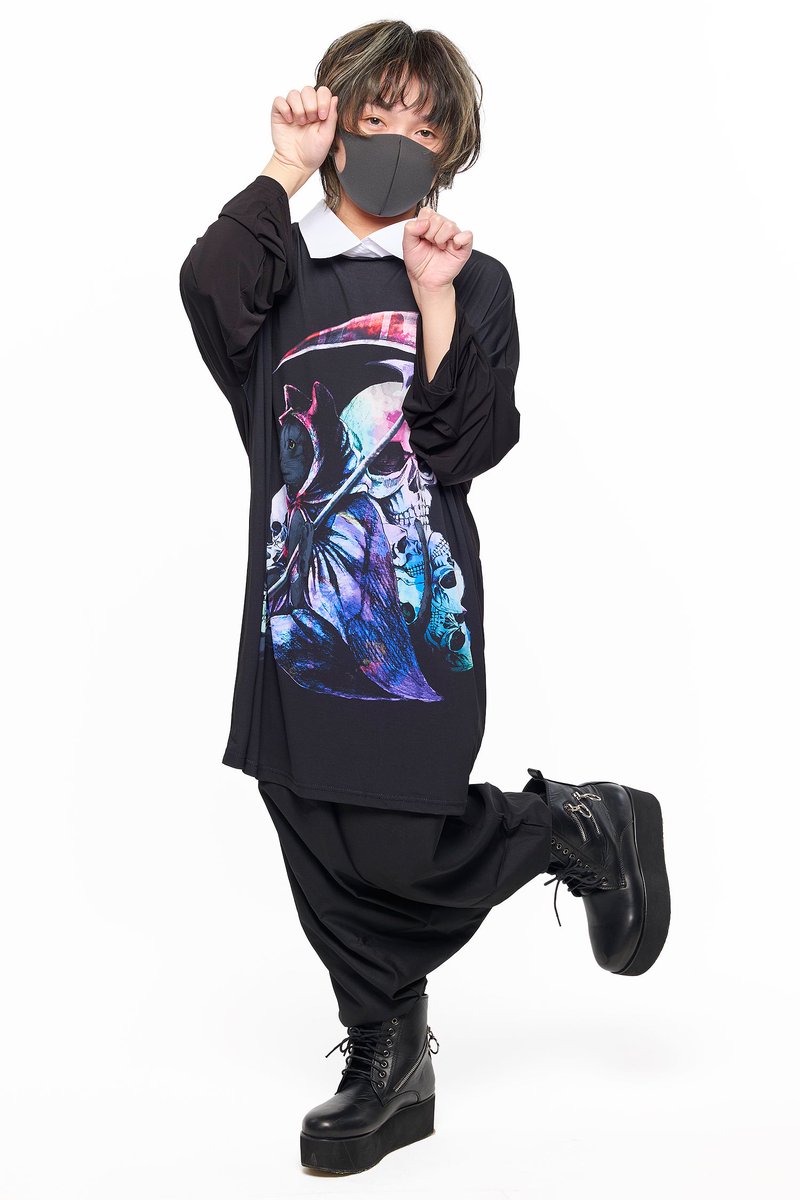 ankoROCK アンコロック しにがみ×ankoROCK限定コラボ ホラーナイトしにがみまおみんシャツ襟カットソー -メガビッグ- 【ホラー ...