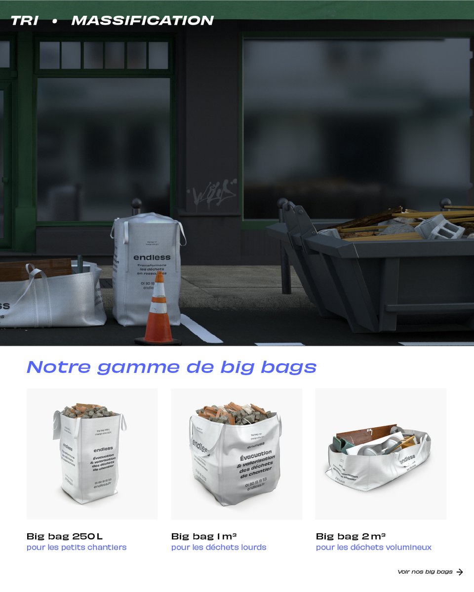 endless_groupe's tweet photo. EndLess propose la meilleure alternative à la benne : l’évacuation des déchets en big bags !

Sans autorisation administrative et sans contrainte d’accès, le big bag est la solution la plus efficace en milieu urbain. Et surtout, il permet de faciliter le tri sur vos chantiers ♻️ https://t.co/FUyngCBgTJ