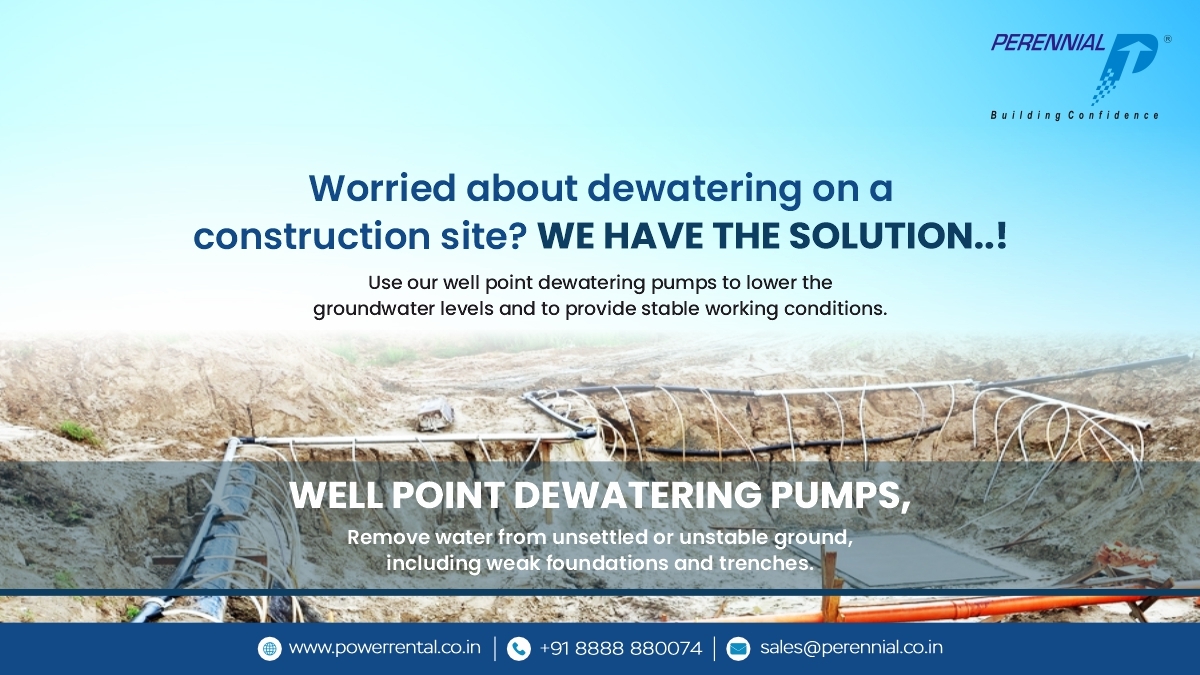 Get stable working conditions on site by lowering the ground water levels!
Remove water from unstable ground, use our well point dewatering pumps!
Contact Perennial at: - @ +91 8888 880074 or sales@perennial.co.in 
#dewateringpump #wellpointdewatering #constructionsite #rental