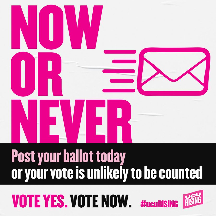 Today is the very last day to post your postal ballot on industrial action.

If you haven't voted yet, please find your ballot paper, fill it in, and send it in the post today.

#ucuRISING