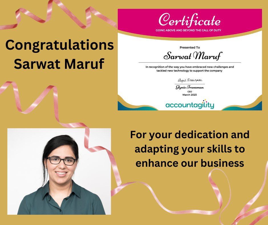 Accountagility's tweet photo. Congratulations to Sarwat Maruf who is recognised for her positivity, tenacity, and ability to take on new challenges in order to support the business.  Thanks, Sarwat for going above and beyond your remit, we appreciate you.#staffappreciation #thankyou #workingtogether https://t.co/h9Sh3AxADx