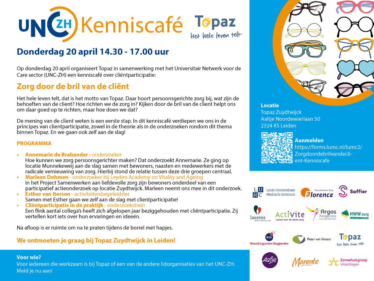 Zorg door de bril van de cliënt 👓 

Op do 20 apr 14.30-17.00u organiseert <a href="/Topaz_zorg/">Topaz</a>  in samenwerking met het UNC-ZH een kenniscafé over #cliëntparticipatie.

Voor iedereen die werkzaam is bij Topaz of een van onze lidorganisaties.

Meld je snel aan: forms.lumc.nl/lumc2/Zorgdoor…