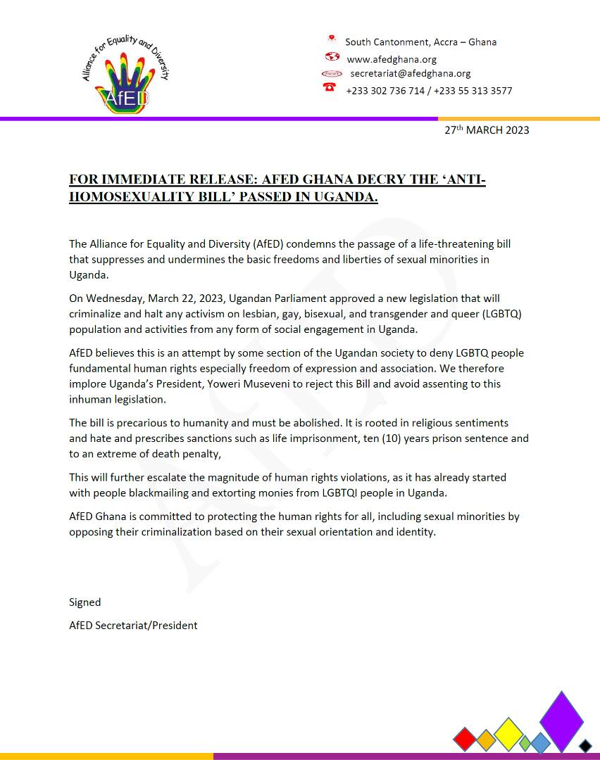 AfedGhana's tweet photo. We stand in solidarity with the LGBTIQ+ community in Uganda  #lgbtrights #gayrights https://t.co/1aVdmVDVO5