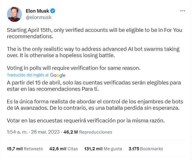 JulianMaciasT's tweet photo. Elon Musk anunció que a partir del 15 de abril solo las cuentas verificadas pagando Twitter Blue aparecerán en el time line de "Para ti". Cuentas verificadas sin pagar como la mía perderán el check azul.
Para evitar que desaparezca de tu timeline aprieta la campanita. Retuitea🙏 https://t.co/ZUQCb0EAFV