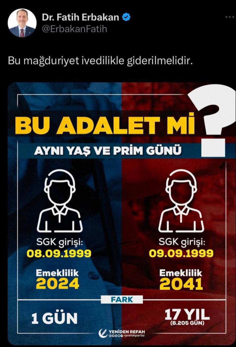 Sayın Erbakan Cumhur ittifakına katılımınızın hayırlı uğurlu olmasını dileriz. 
Milyonlar 08.09.1999 sonrası girişli SGK’lıların uğradığı adaletsizliği bilen ve bunu kamuoyunda defaatle dile getirmiş bir lider olarak ifftifaka katılımınıza ayrıca memnun oldu. Artık bu konuda