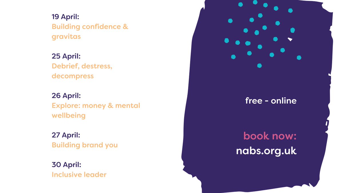 Wondering what's on at NABS this April?

Alongside our popular Masterclasses, we have four new and exciting online sessions to sign up to, including our brand new group coaching service. 

For more detail and to book your free place, head to: nabs.org.uk/events/calenda….