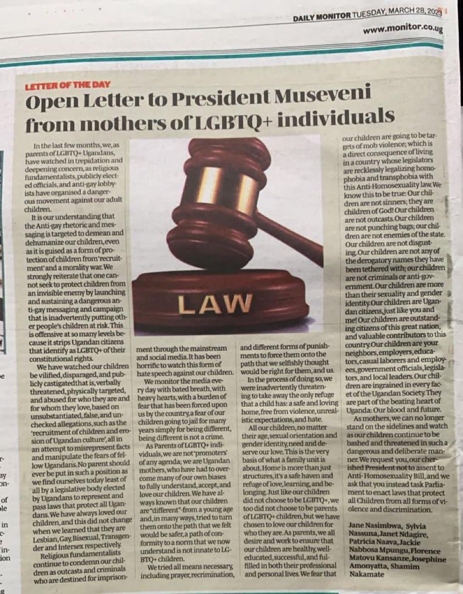 This is truly profound! Kudos to the brave mothers who wrote this powerful letter, advocating for the humanity of their LGBTIQ children to be respected. I hope Ugandans can begin to understand how laws that criminalize LGBTQI individuals also affect their families &amp; loved ones ❤️