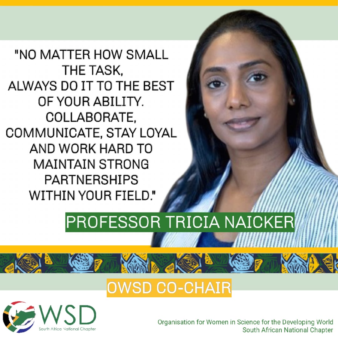 owsd_sanc's tweet photo. Introducing the Co-Chair of OWSD SANC, Prof Tricia Naicker.
Prof Naicker believes that “Joining OWSD SANC will increase your network and collaborations within the scientific community, and you’ll have access to research training and career development opportunities." #owsdsanc https://t.co/wWOas7yg2L